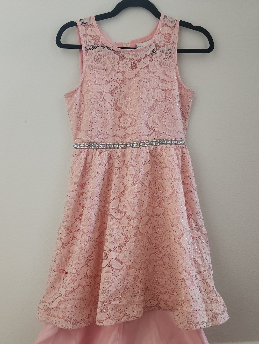 Rare Editions Pink Lace Dress with Rhinestone Waistband And Train